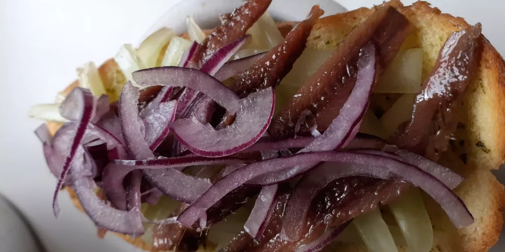 A bruschetta with anchovy and onion topping.